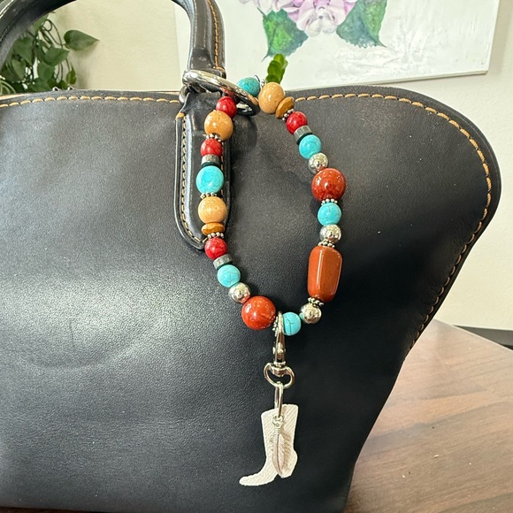 Upcycled Beaded Bag Charm, Keychain, Bracelet Leather Western Boot - Picture 1 of 5